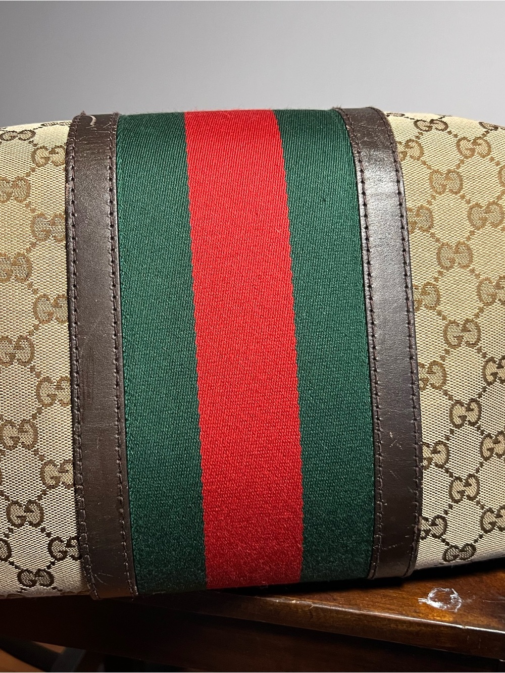 Gucci Beige Monogram Satchel with Green & Red Center Stripe - Picture 5 of 16